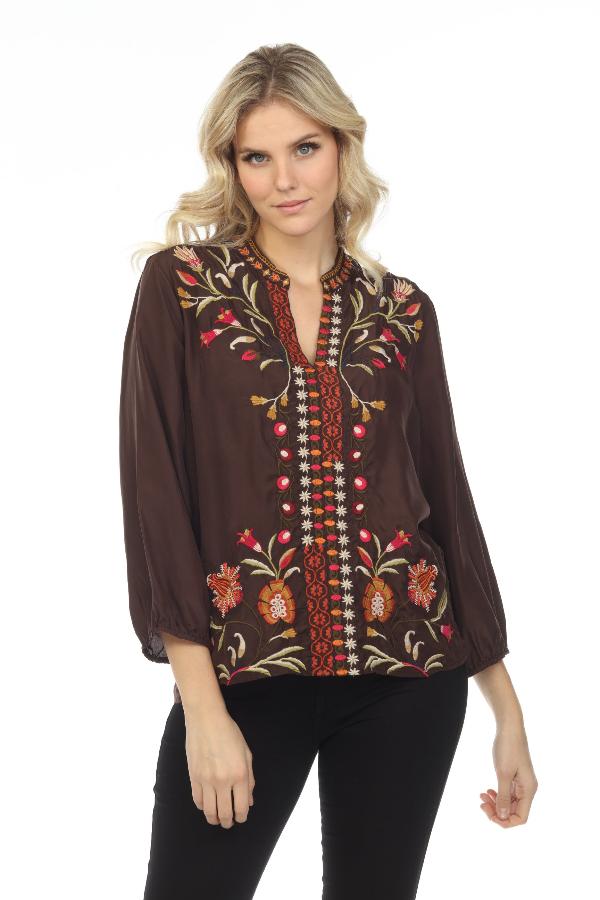 Johnny Was Frankie Blouse 2024 Floral Embroidered Brown Keyhole Neck Long Sleeve S