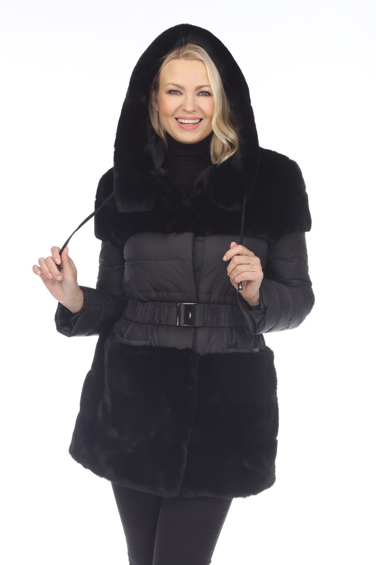 Isobella Belted Faux Fur Trim Hooded Coat - Black – GlamDoll Fashion