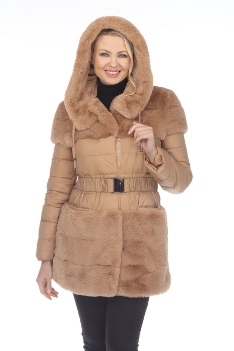 Belle Fare Premium Faux Fur Belted Hooded Down Coat FX210 NEW
