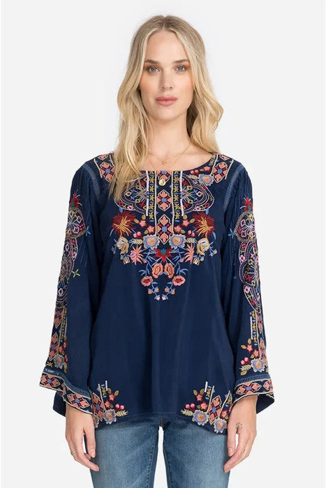 Johnny Was Blue Night Sypress Embroidered Long Sleeve Top Boho Chic C18820-D NEW