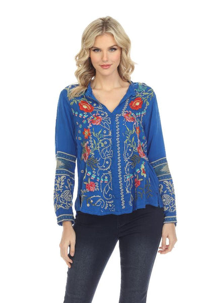 Outlets Johnny Was Blue Floral Embroidered Chelsee Blouse Cotton Small