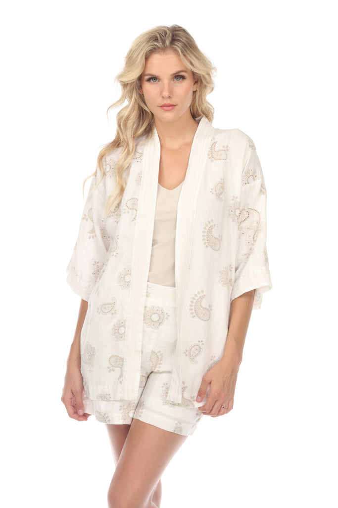 Johnny Was Jade Faye Linen Embroidered Open Front Kimono Boho Chic L45522  NEW