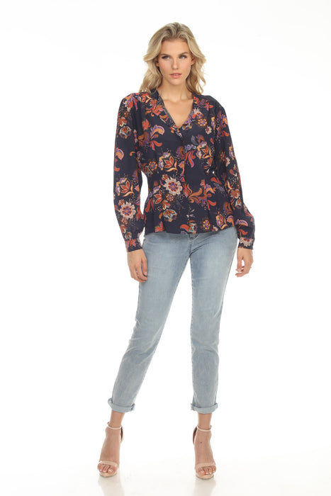 Johnny Was Jade Calypso Silk Floral Long Sleeve Blouse Boho Chic L10222