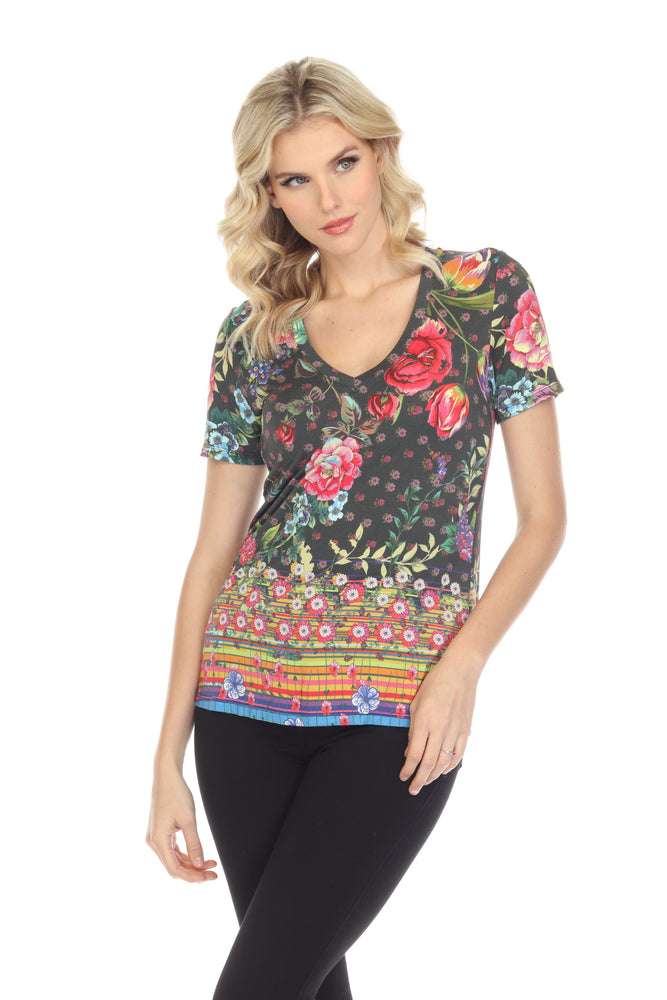 Johnny Was JWLA Naomi Favorite Border Short Sleeve V-Neck Tee Boho