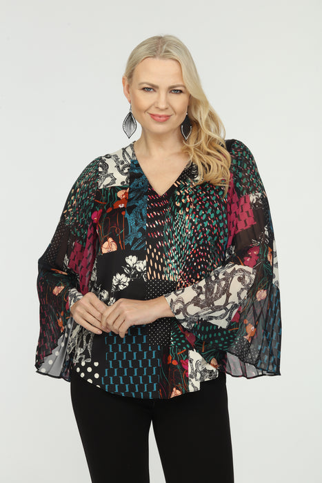 Joseph Ribkoff Black/Multi Patchwork Pleated Wide Sleeves Tunic