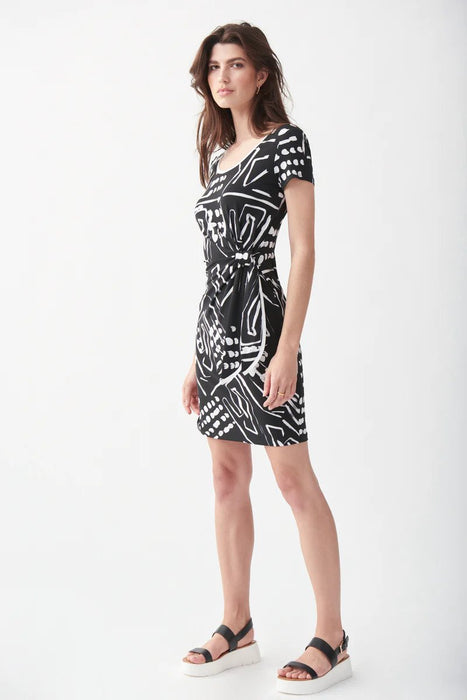 Joseph Ribkoff Black/Vanilla Abstract Print Ruched Short Sleeve